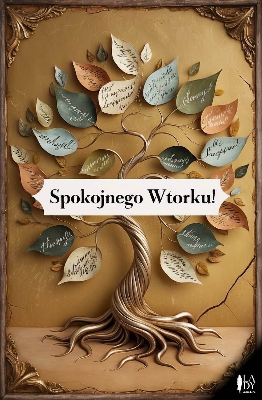 Obrazek przedstawiający drzewko z liśćmi z napisami w stylu vintage, z pozdrowieniami: Spokojnego wtorku