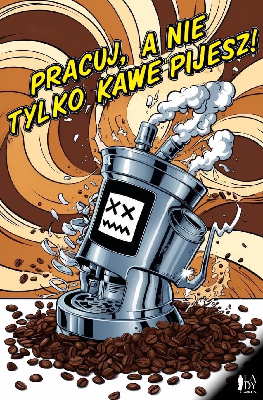Kartka na czwartek, zepsuty ekspres do kawy, z napisem: Pracuj, a nie tylko kawę pijesz