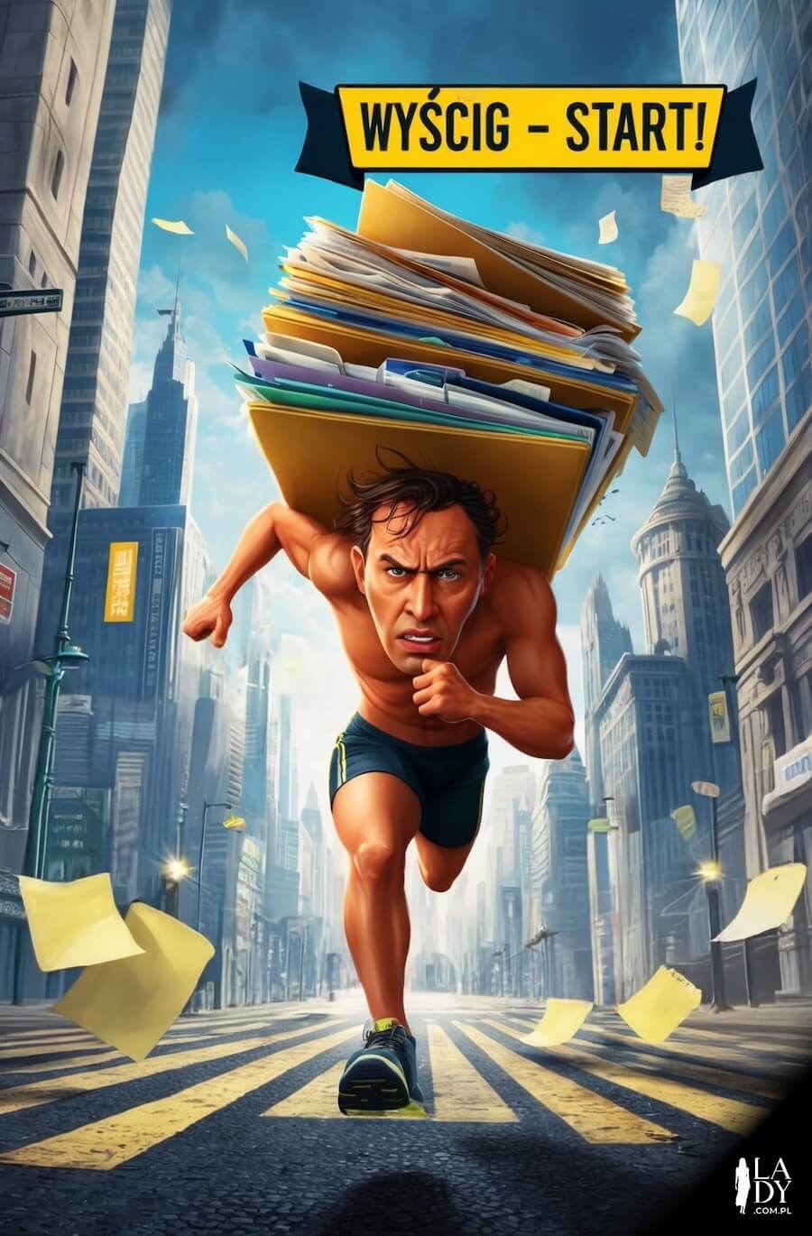 Śmieszna kartka na dzień dobry, mężczyzna biegnący przez miasto ze stosem papierów na plecach gubiąc kartki, z napisem: Wyścig - start