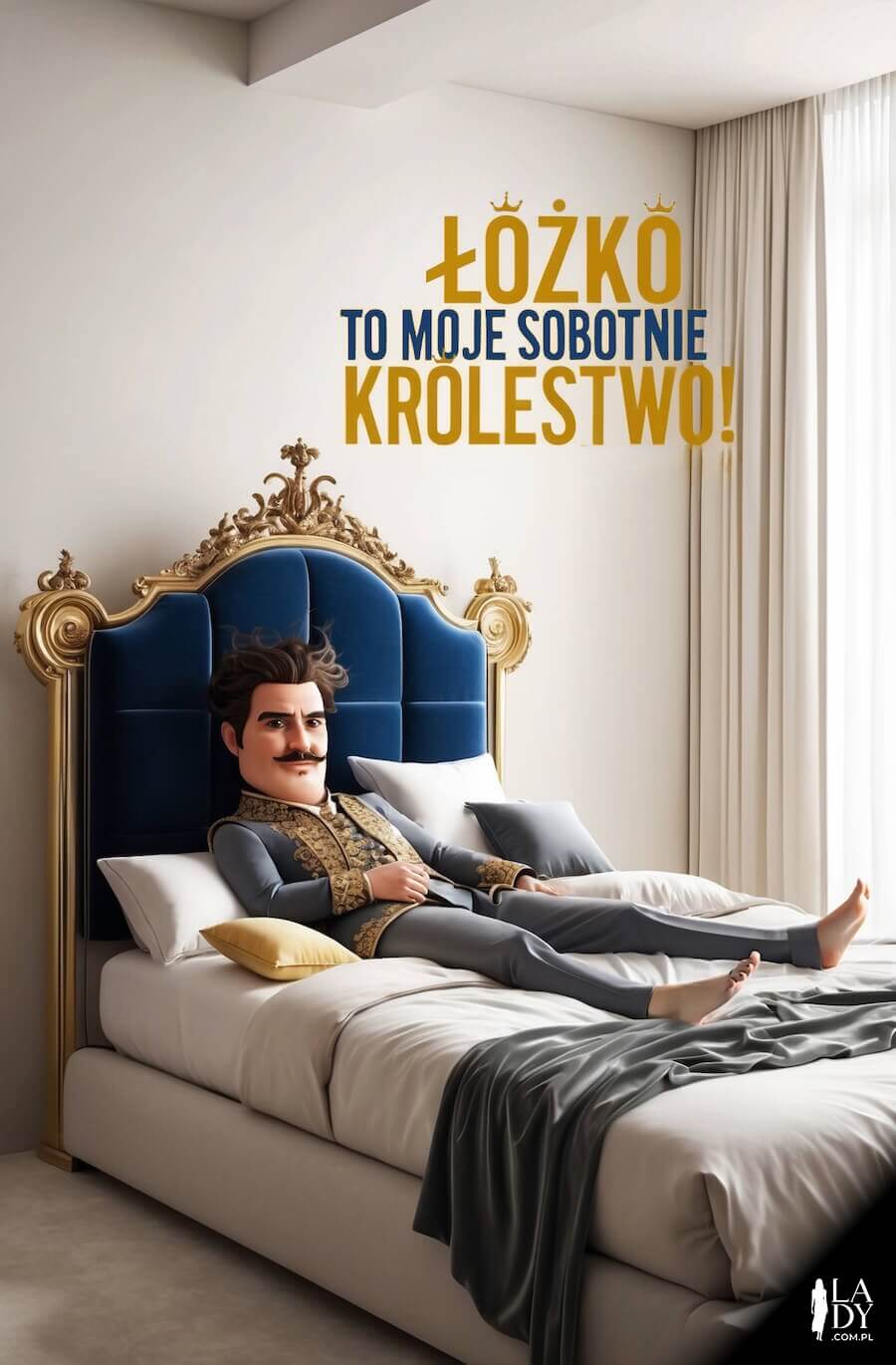 Darmowa kartka na dzień dobry z żartem, królewicz leżący na swoim łóżku, z napisem: Łóżko to moje sobotnie królestwo