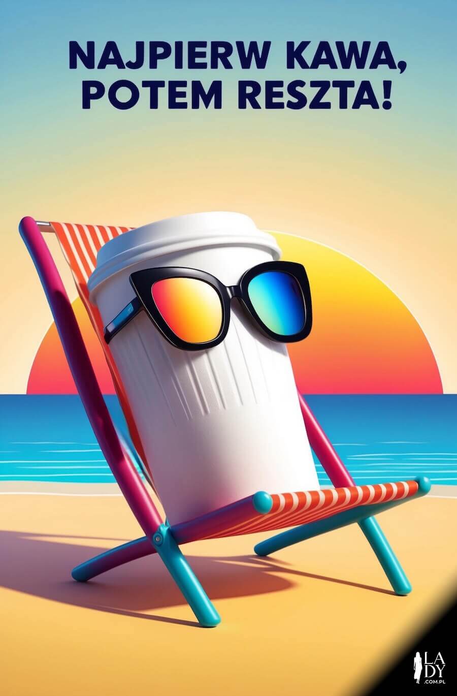 Zabawna kartka o poranku, kawa w plastikowym kubeczku z przeciwsłonecznymi okularami wylegująca się na leżaku z plażą w tle, z napisem: Najpierw kawa, potem reszta