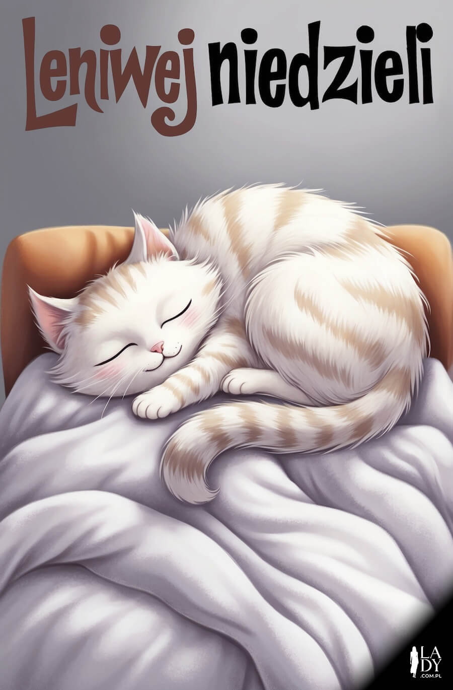 Ciekawa kartka na niedzielę, leniwy kotek leżący na pościeli na łóżku, z napisem: Leniwej niedzieli