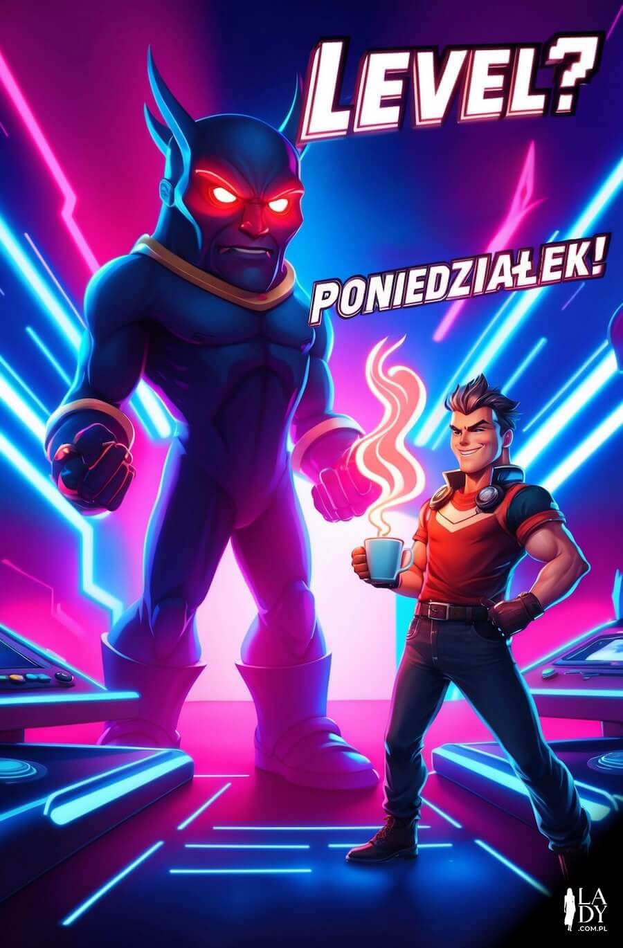 Humorystyczna kartka na rozpoczęcie dnia, wielki boss i bohater z kawą w neonowej scenerii, z napisem: Level? Poniedziałek