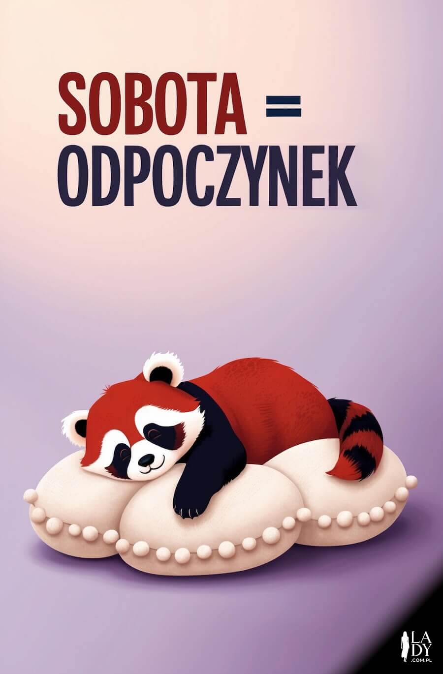 Sobotnia kartka, leżący zwierzak na poduszce podczas drzemki, z napisem: Sobota odpoczynek