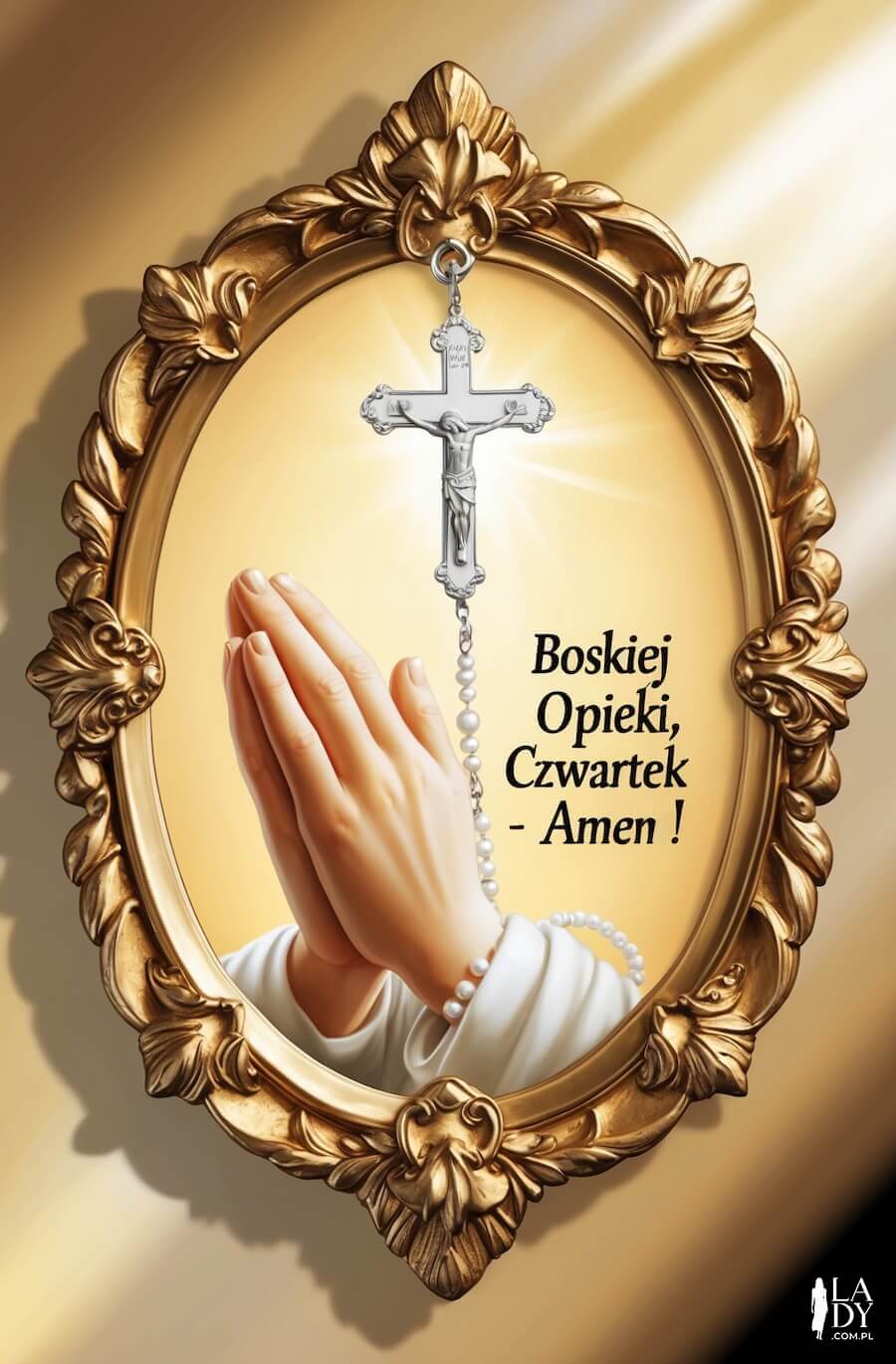 Kartka na czwartek, dłonie złożone do modlitwy, krzyż i różaniec, z napisem: Boskiej Opieki, Czwartek - Amen