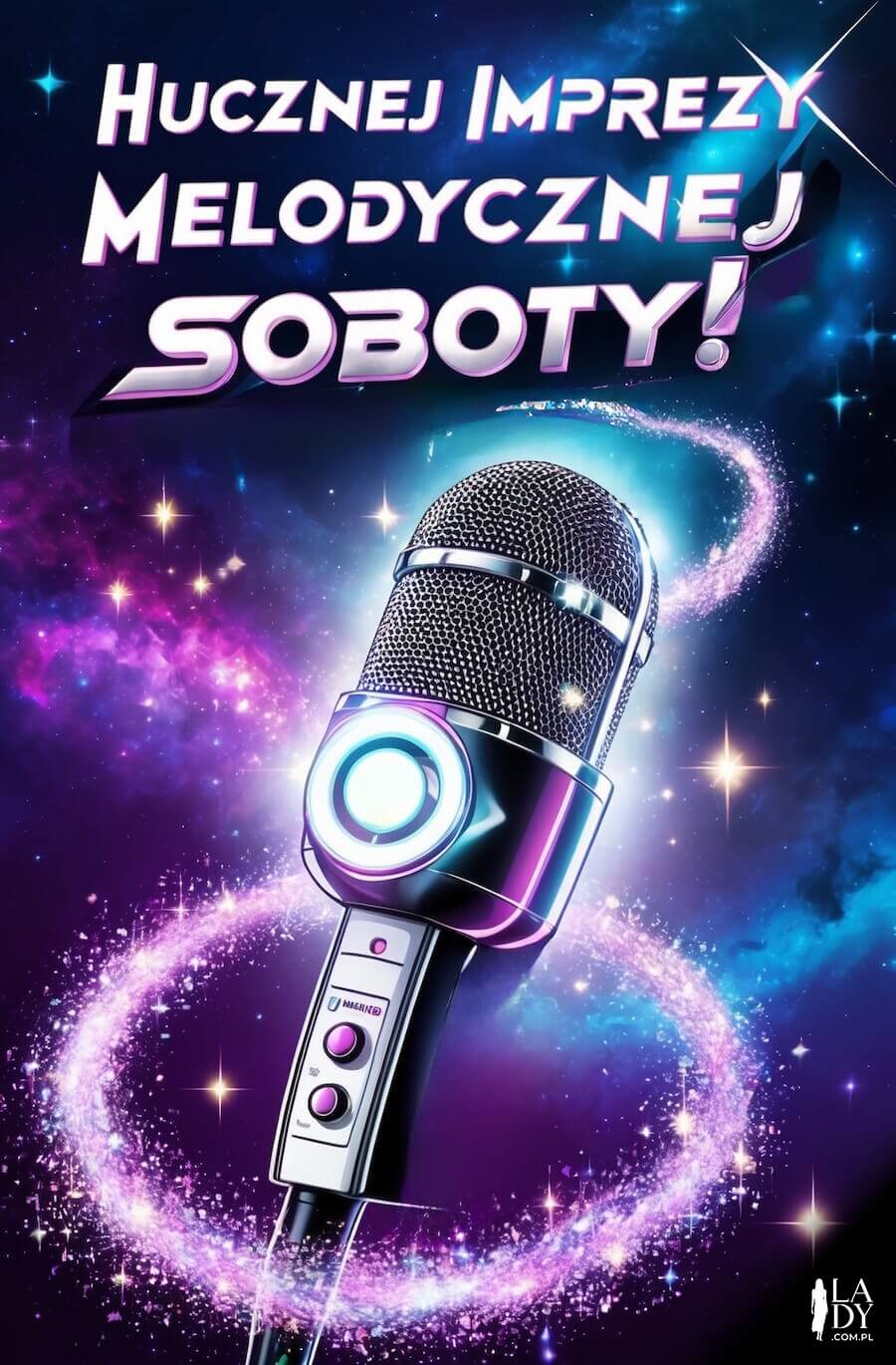 Magiczna kartka na sobotę, mikrofon w kosmosie i gwiezdny pył, z napisem: Hucznej imprezy melodycznej soboty