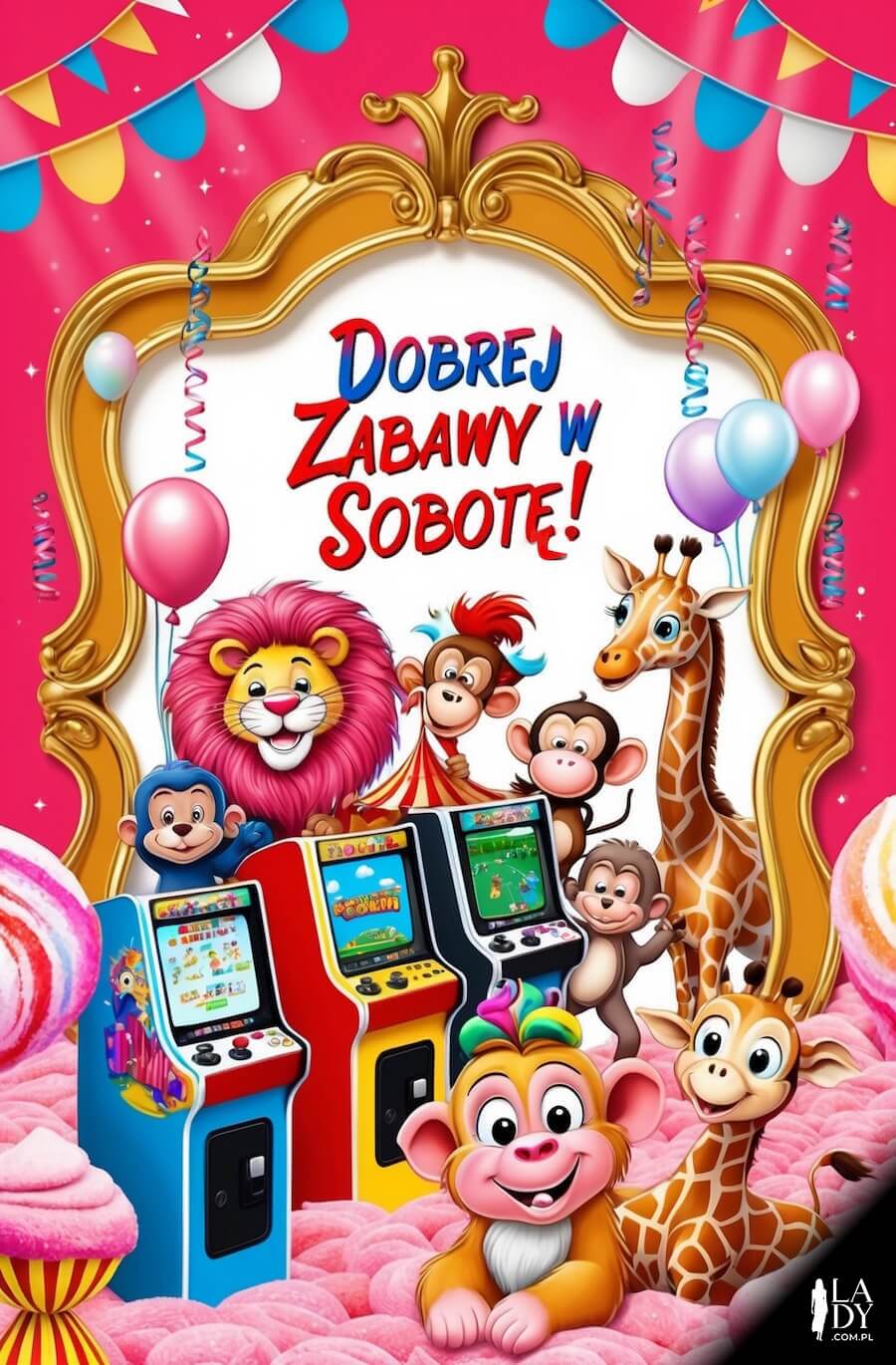 Zabawna kartka do wysłania na dzień dobry w sobotę, zwierzątka przy maszynach, automatach, z napisem: Dobrej zabawy w sobotę