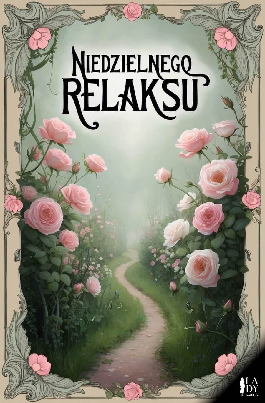 Oryginalna kartka do wysłania w niedzielę, wspaniały ogród z różowymi różami i ścieżką, z napisem: Niedzielnego relaksu