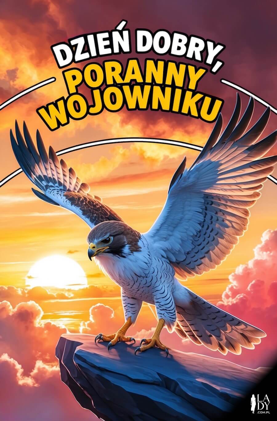 Kartka pełna humoru na dzień dobry, duży orzeł na szczycie góry w tle wschodzące słońce na niebie, z napisem: Dzień dobry, poranny wojowniku