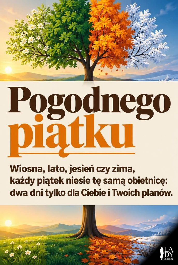 Kartka na piątek z drzewem w czterech porach roku i życzeniami na weekend