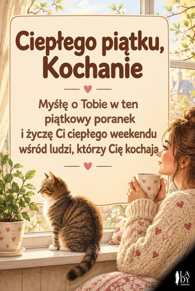 Kartka na piątek dla bliskich z kobietą przy oknie i serdecznymi życzeniami