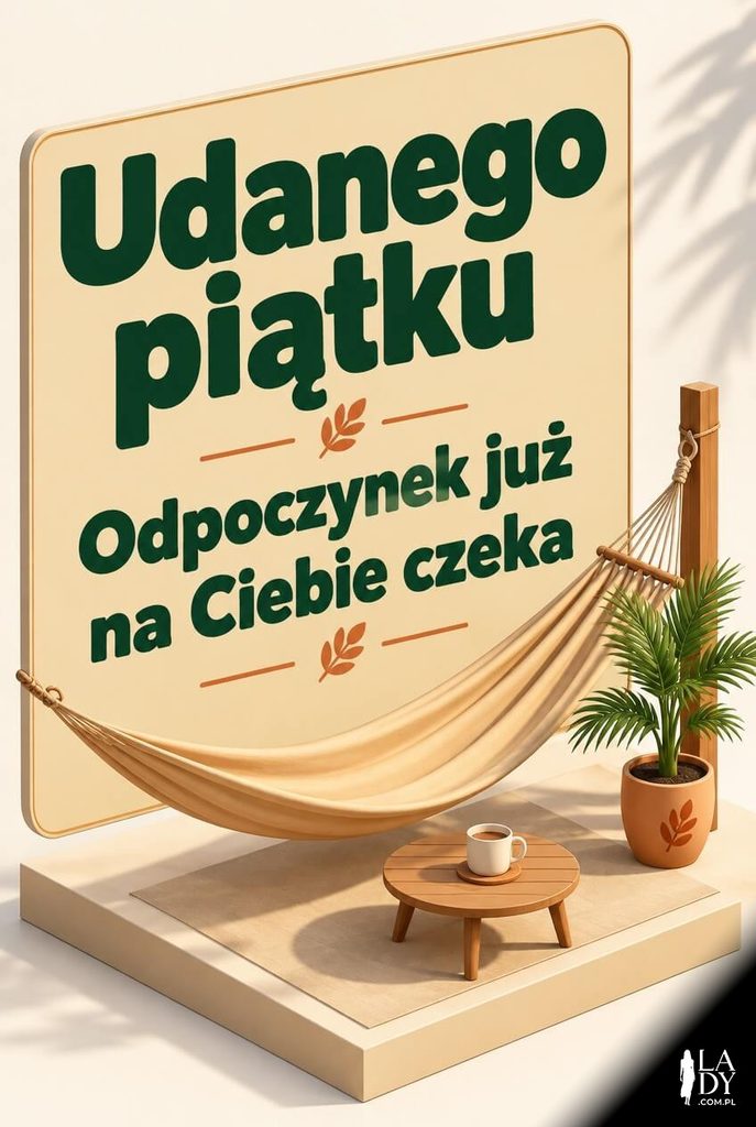 Kartka na piątek z izometrycznym hamakiem i napisem „Udanego piątku" na piaskowym panelu