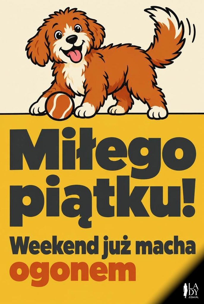 Kartka na piątek z rozbawionym psem i napisem „Miłego piątku!" na musztardowym pasie