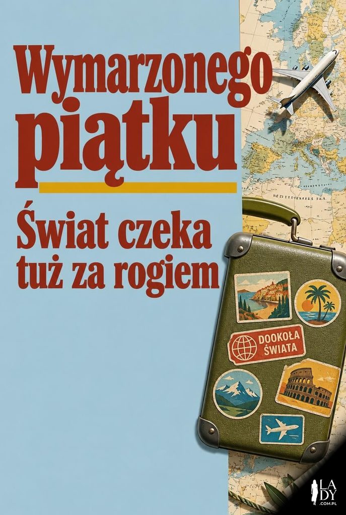 Kartka na piątek z walizką podróżną i mapą oraz napisem „Wymarzonego piątku"