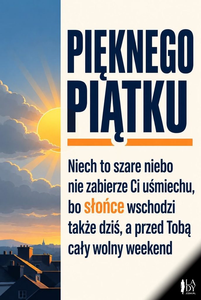 Kartka na piątek ze wschodem słońca nad chmurami i życzeniami pogodnego dnia