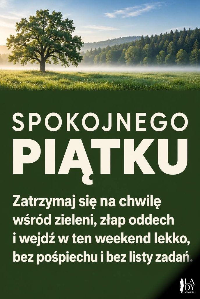 Kartka na piątek z zieloną łąką i lasem oraz życzeniami spokojnego weekendu