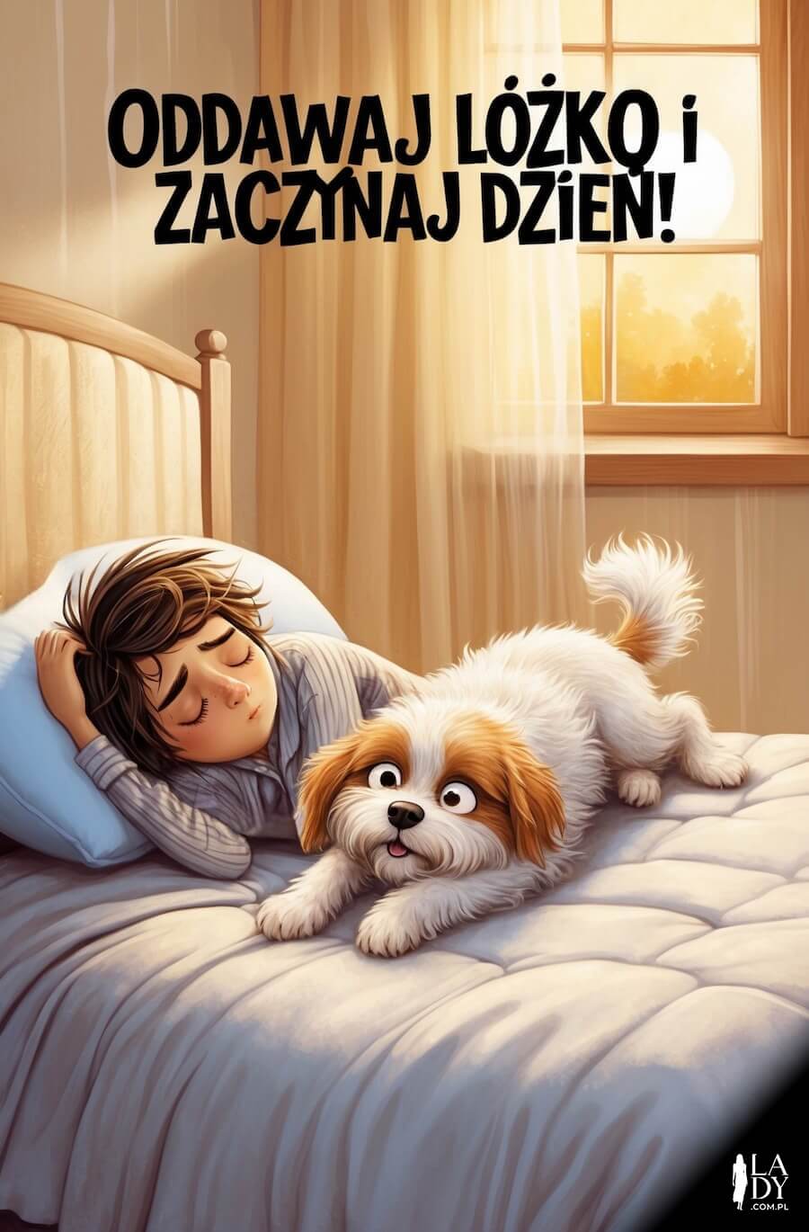 Kartka pełna humoru na dobry poranek, pies i chłopiec na łóżku w pokoju, z napisem: Oddawaj łóżko i zaczynaj dzień