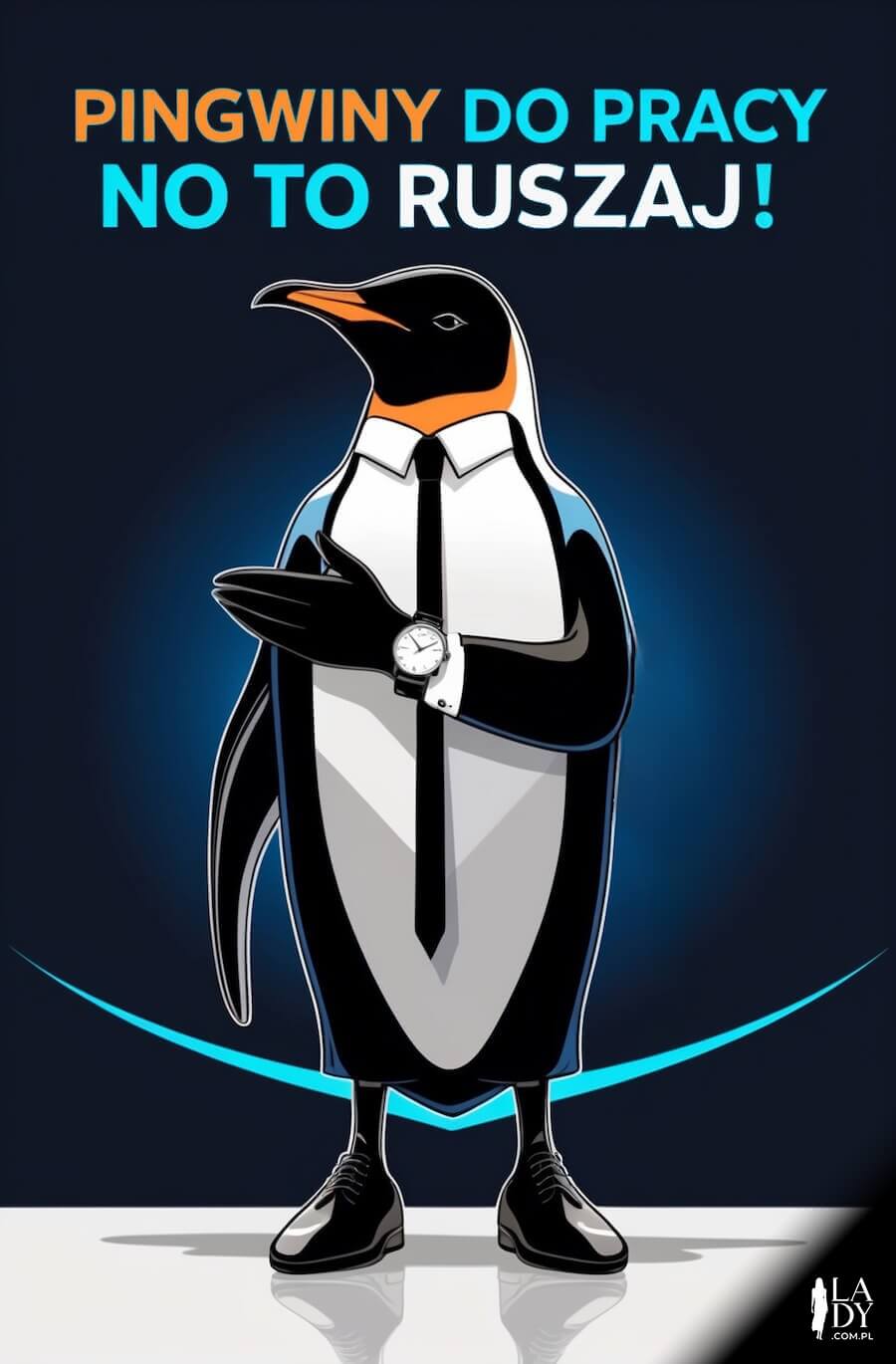 Kartka na czwartek, elegancki pingwin z zegarkiem jako urzędnik, z napisem: Pingwiny do pracy no to ruszaj