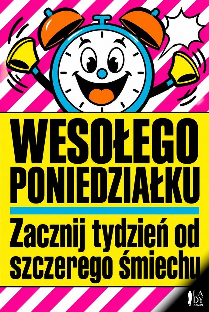 Kartka pop-art na poniedziałek z uśmiechniętym budzikiem i napisem „Wesołego poniedziałku".