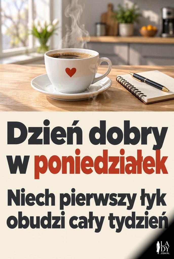 Kartka na poniedziałek z filiżanką parującej kawy na drewnianym blacie i napisem „Dzień dobry w poniedziałek".