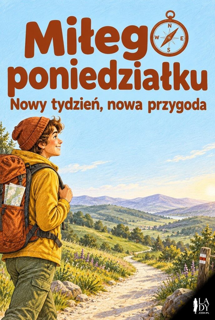 Kartka na poniedziałek z ilustracją wędrowca z plecakiem na ścieżce i napisem „Miłego poniedziałku".