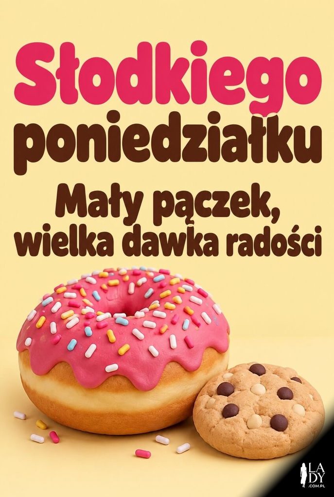 Kartka na poniedziałek z plastelinowym pączkiem z różowym lukrem i napisem „Słodkiego poniedziałku".