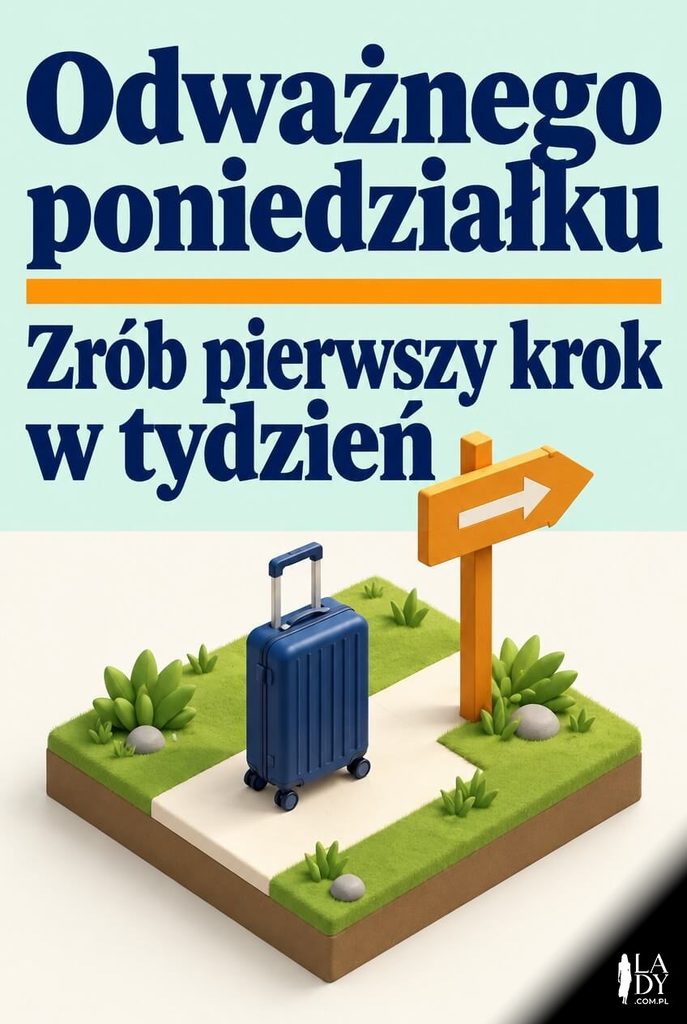 Kartka na poniedziałek z izometryczną dioramą z walizką i drogowskazem oraz napisem „Odważnego poniedziałku".
