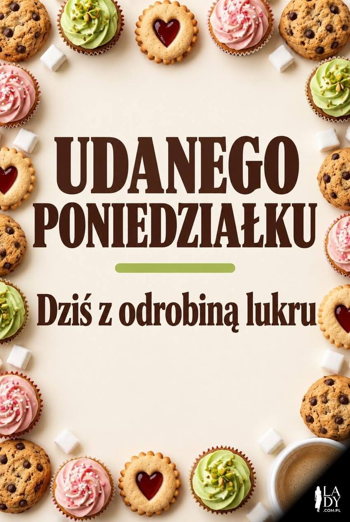 Kartka na poniedziałek z ciasteczkami i babeczkami ułożonymi w ramkę wokół napisu „Udanego poniedziałku".