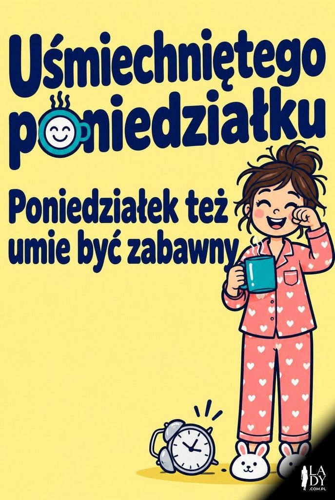 Zabawna kartka na poniedziałek z rozespaną postacią w piżamie z kubkiem i napisem „Uśmiechniętego poniedziałku".
