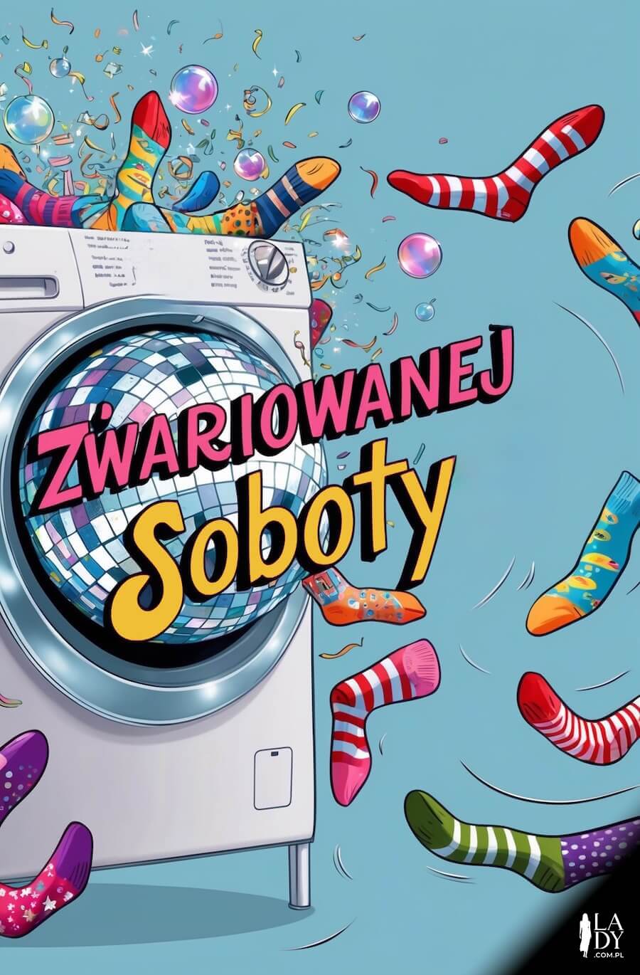 Śmieszna kartka na piątek, pralka z kulą dyskotekową i kolorowymi skarpetami, z napisem: Zwariowanej soboty