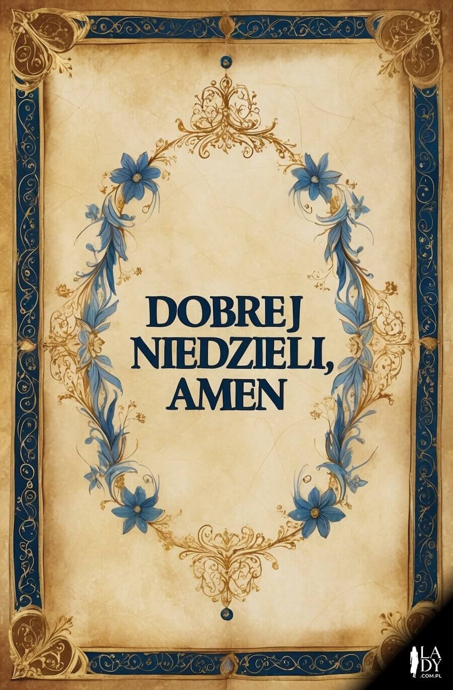 Niedzielna kartka z religijnym motywem, wzory, z napisem: Dobrej niedzieli, amen