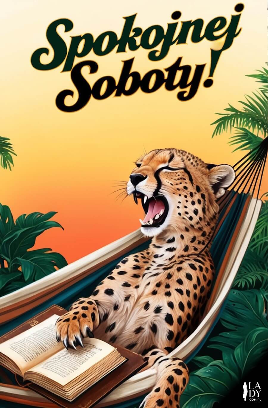 Kartka do wysłania w sobotę, rozsierdzony tygrys leżący na hamaku i czytający książkę, z napisem: Spokojnej soboty