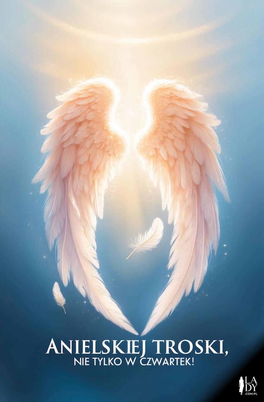 Kartka na czwartek, anielskie skrzydła prześwitujące blaskiem słońca, z napisem: Anielskiej troski, nie tylko w czwartek