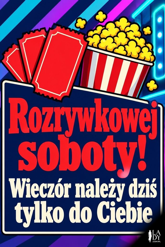 Kartka na sobotni wieczór z biletami do kina i popcornem w neonowych barwach oraz napisem „Rozrywkowej soboty!"