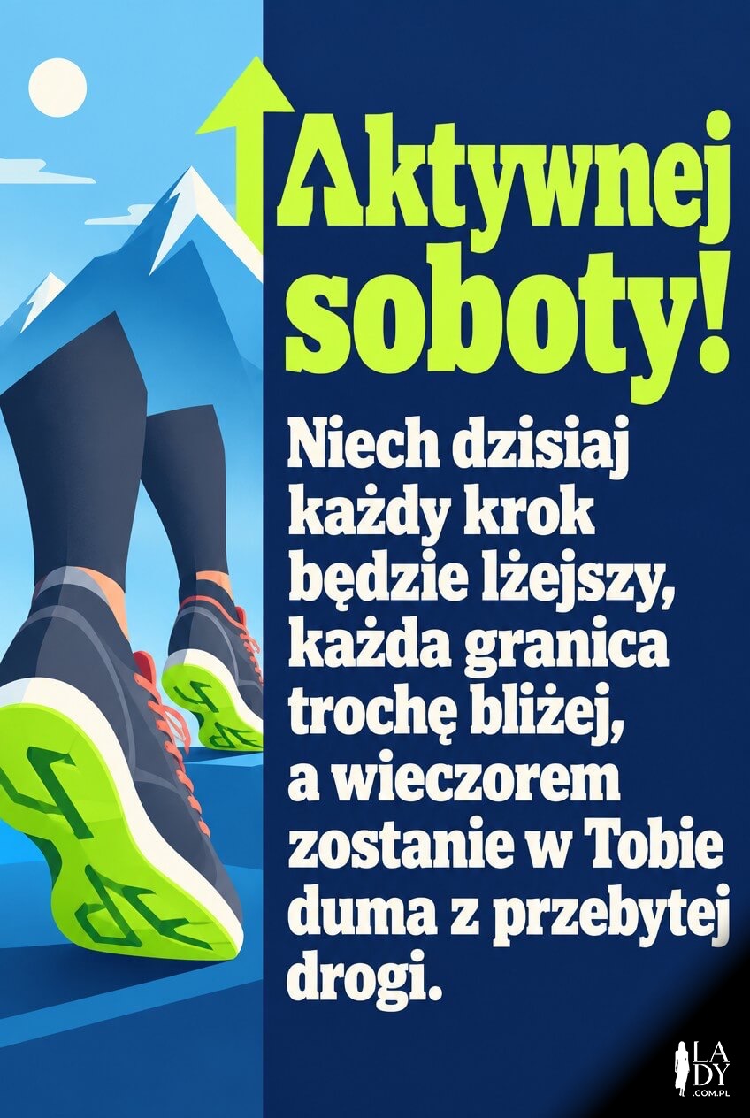 Motywacyjna kartka na aktywną sobotę z geometrycznymi butami biegowymi i życzeniami lżejszego kroku