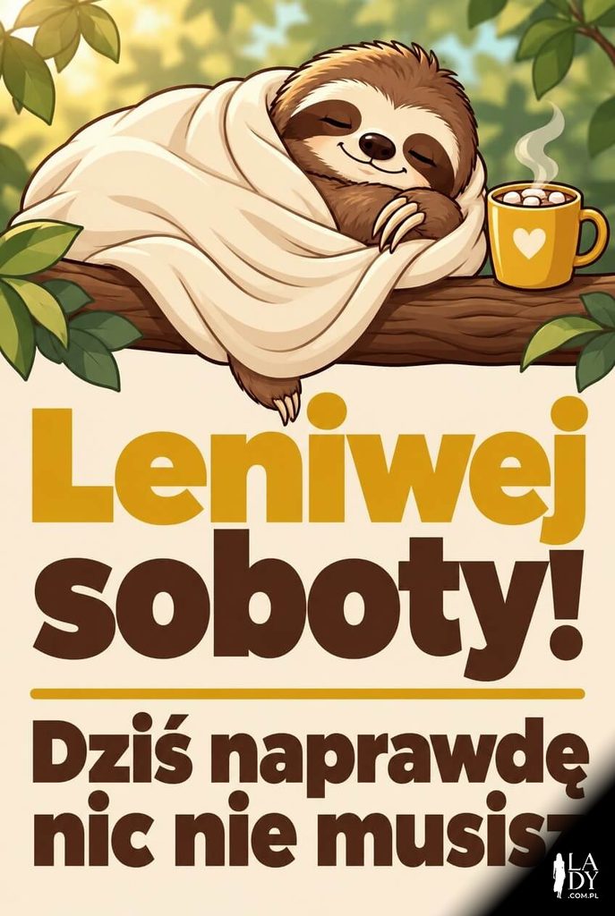 Kartka na sobotę z leniwcem zawiniętym w koc i kubkiem kakao oraz napisem „Leniwej soboty!"