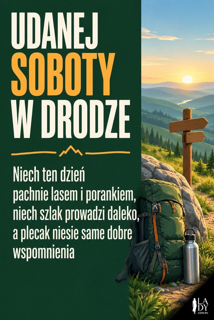Kartka na sobotę z plecakiem turystycznym na szlaku o poranku i życzeniami udanej soboty w drodze