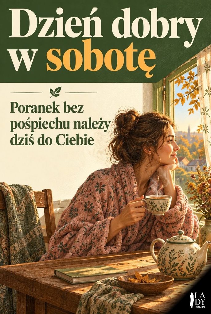 Kartka na sobotni poranek z kobietą przy stole z filiżanką herbaty i napisem „Dzień dobry w sobotę"