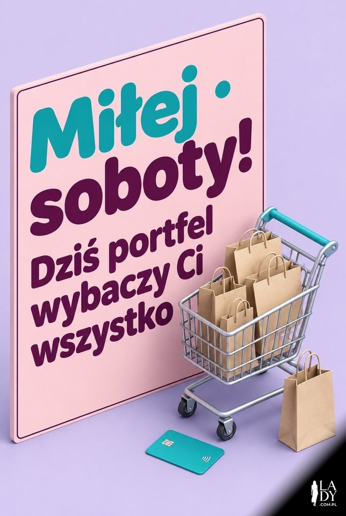 Humorystyczna kartka na sobotę z izometrycznym wózkiem pełnym zakupów i napisem „Miłej soboty!"