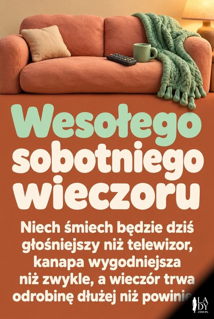 Kartka na sobotni wieczór z plastelinową kanapą, pledem i pilotem oraz życzeniami wesołego wieczoru
