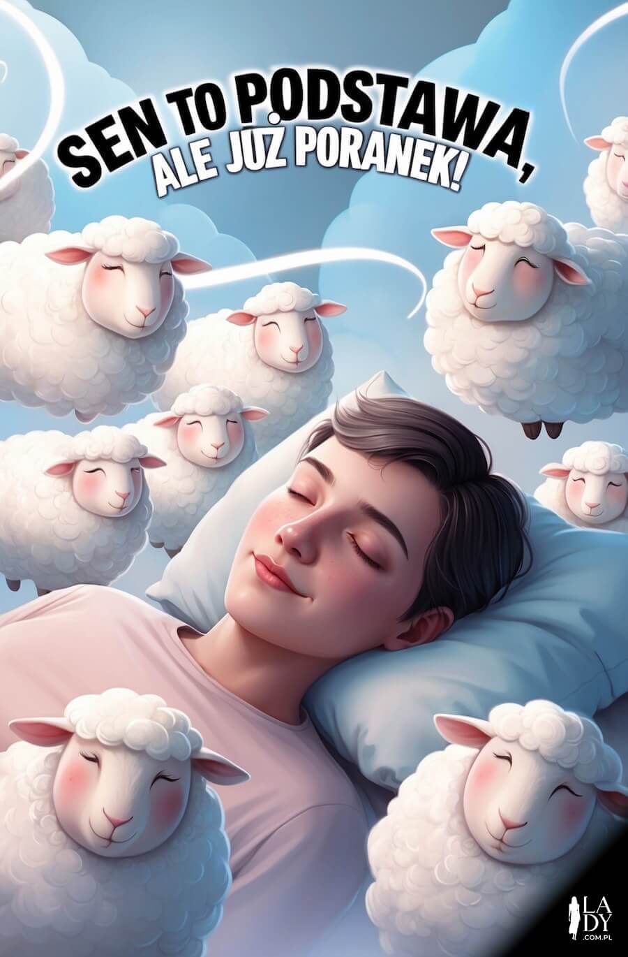 Śmieszna kartka na dzień dobry, chłopiec śpiący i owce w niebie, z napisem: Sen to podstawa, ale już poranek
