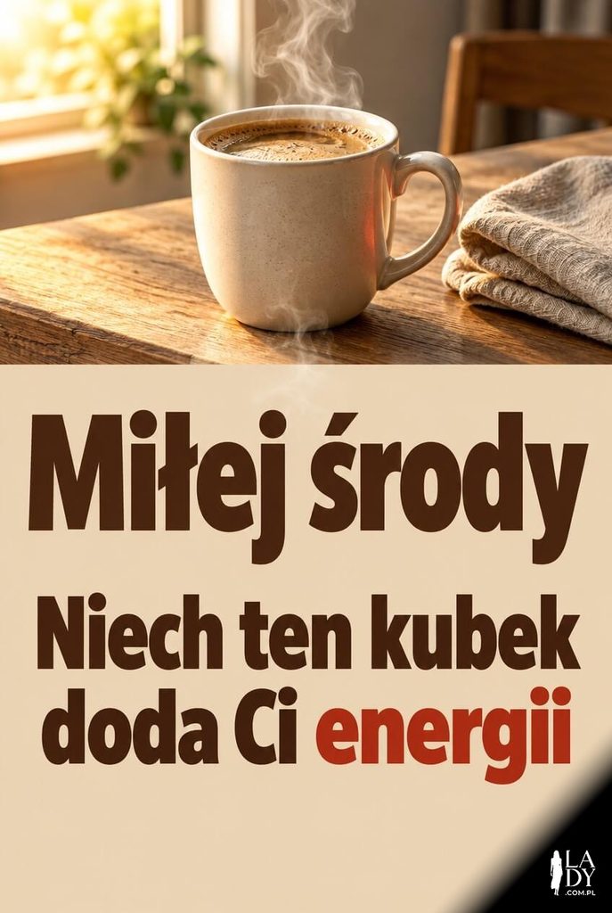 Kartka na środę z kubkiem parującej kawy i napisem „Miłej środy"