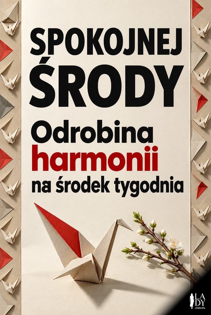 Kartka na środę z żurawiem origami i napisem „Spokojnej środy"
