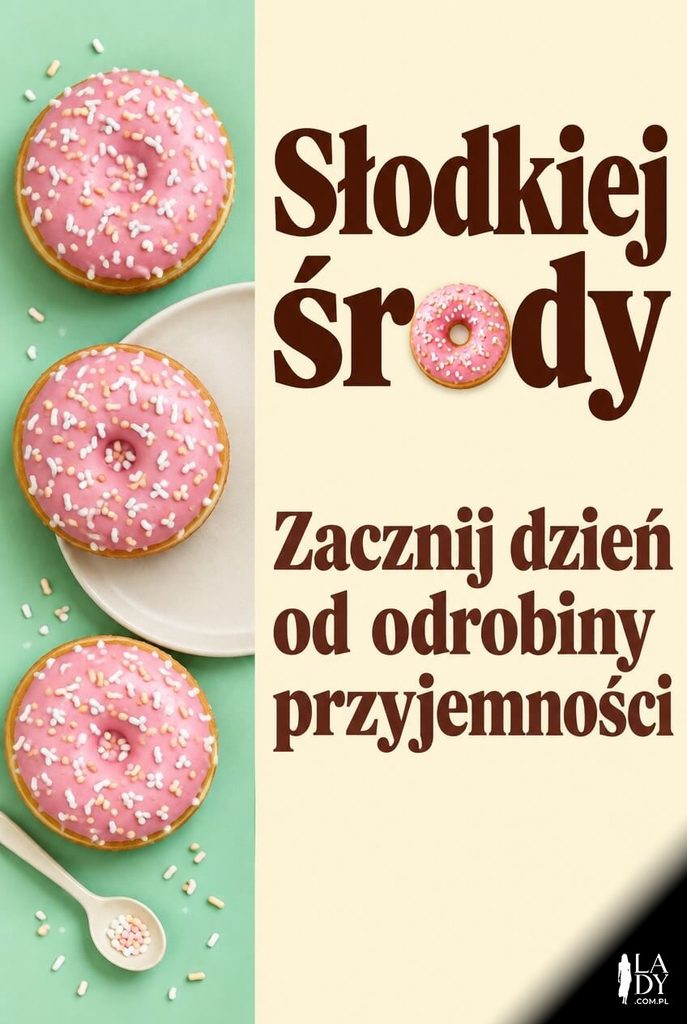 Kartka na środę ze słodkimi pączkami widzianymi z góry i napisem „Słodkiej środy"
