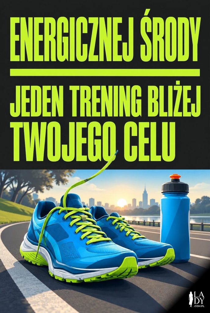 Kartka na środę z butami biegowymi i napisem „Energicznej środy"