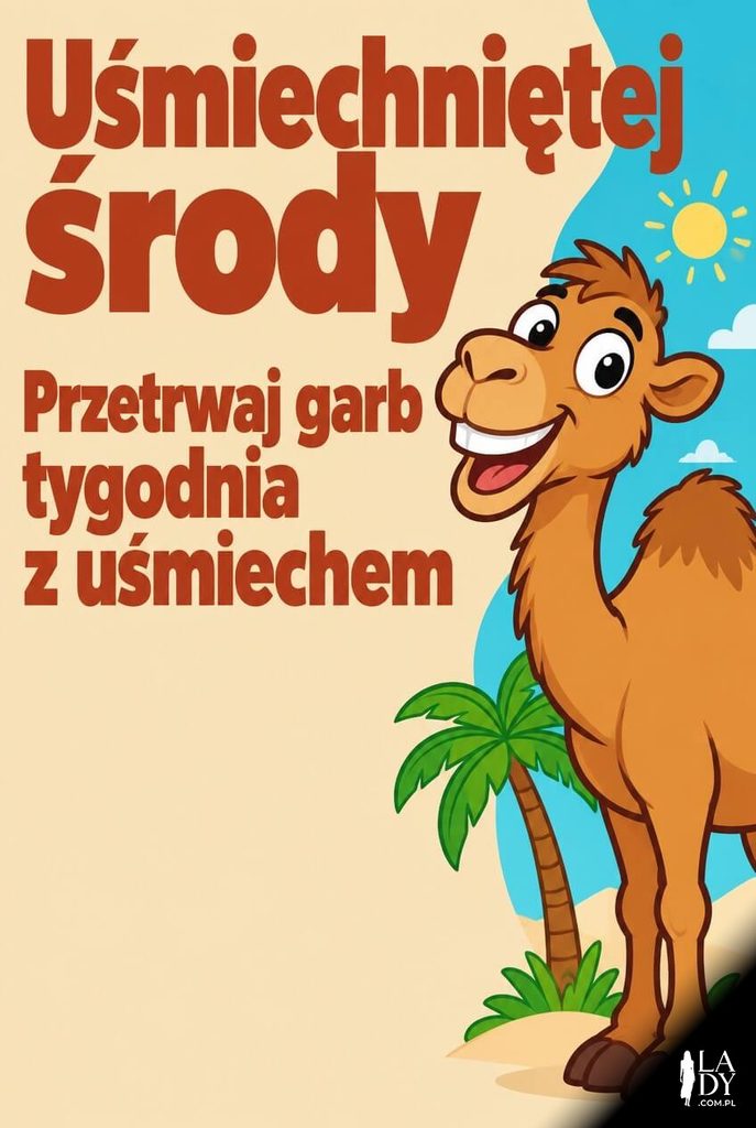 Kartka na środę z roześmianym wielbłądem i napisem „Uśmiechniętej środy"