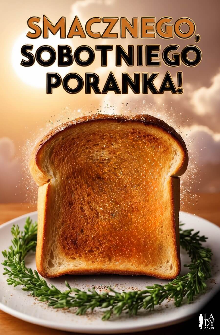 Ciekawa kartka na piątek, apetyczny tost na tle nieba golden hour, z napisem: Smacznego, sobotniego poranka