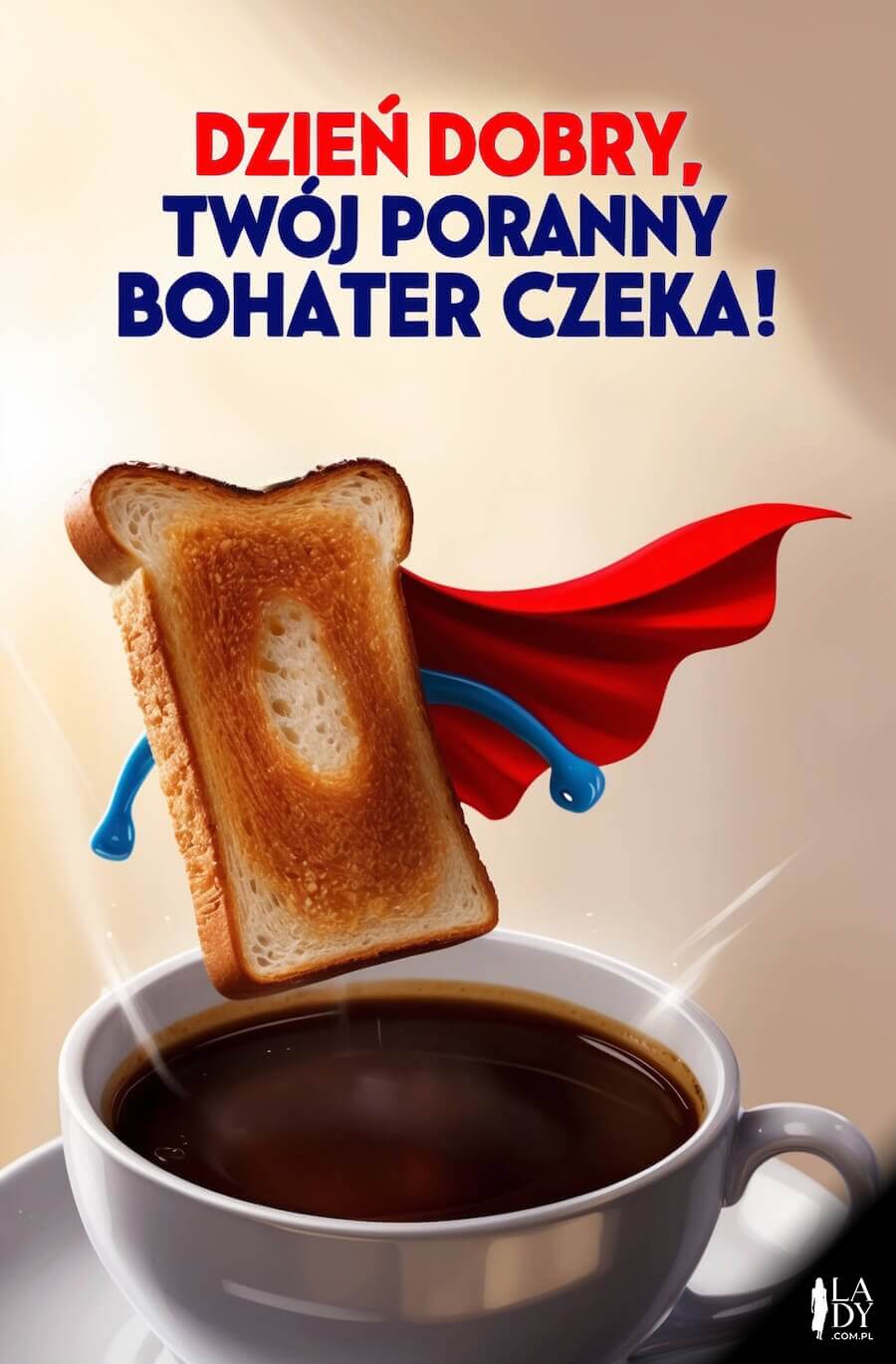 Kartka na dobry dzień pełna humoru, tost w pelerynie superbohatera i filiżanka kawy, z napisem: Dzień dobry, twój poranny bohater czeka