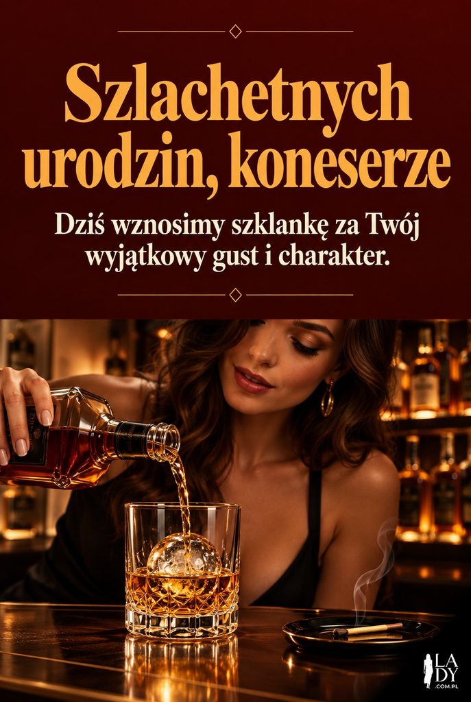 Szklanka whisky z lodem i dymiącą zapałką, elegancka kartka urodzinowa dla konesera trunków