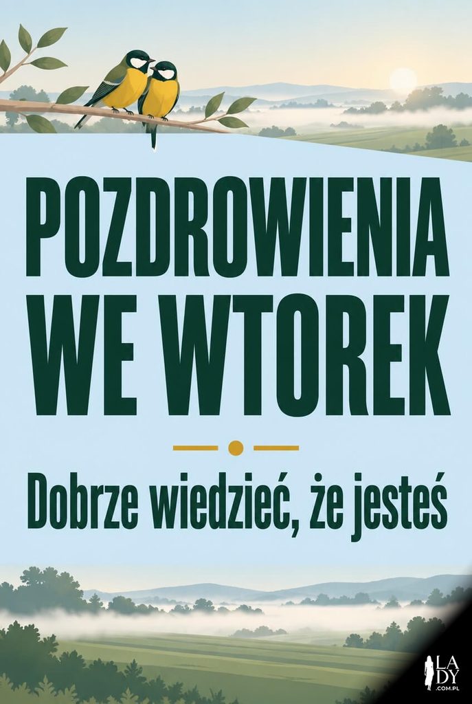Przyjacielska kartka na wtorek z dwoma ptakami na gałązce i napisem „Pozdrowienia we wtorek" oraz „Dobrze wiedzieć, że jesteś".